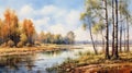 Watercolor Painting Of Wetland With Dnieper River, Willow And Poplar Trees, Blue Sky, And Yellow Field