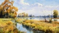 Watercolor Painting Of Wetland With Dnieper River, Willow And Poplar Trees, Blue Sky, And Yellow Field