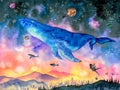 Watercolor Painting - Whale diving into fantasy space Royalty Free Stock Photo