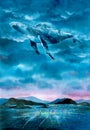Watercolor Painting - Whale diving into fantasy space