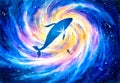 Watercolor Painting - Whale with galaxy sky