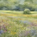 Watercolor painting of a wildflower field. AI-Generated.