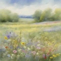 Watercolor painting of a wildflower field. AI-Generated.