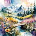 Footbridge, daisys, conifer trees and mountains, an ai generated watercolor illustation Royalty Free Stock Photo