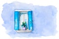 Watercolor painting of window with blue shutters on the lavender facade