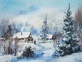 Watercolor painting winter contriside. Landscape painting with snowy forest, pine trees covered by snow, huts and blue