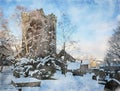 Watercolor painting of a winter scene with a medieval ruined church covered in snow with surrounding graveyard trees and houses