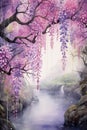 Watercolor painting of wisteria tree with pink flowers over the river in spring forest Royalty Free Stock Photo