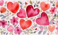 Watercolor painting withpink red pastel hearts on a white background.