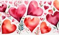 Watercolor painting withpink red pastel hearts on a white background.