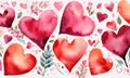 Watercolor painting withpink red pastel hearts on a white background. Royalty Free Stock Photo