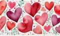 Watercolor painting withpink red pastel hearts on a white background. Royalty Free Stock Photo