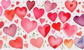 Watercolor painting withpink red pastel hearts on a white background. Royalty Free Stock Photo