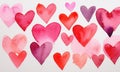 Watercolor painting withpink red pastel hearts on a white background. Royalty Free Stock Photo