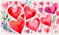 Watercolor painting withpink red pastel hearts on a white background. Royalty Free Stock Photo