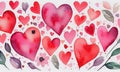 Watercolor painting withpink red pastel hearts on a white background. Royalty Free Stock Photo