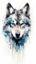 Watercolor painting of a wolfs head with electric blue eyes