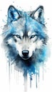 Watercolor painting of a wolfs head with electric blue eyes