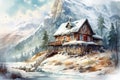 Watercolor painting of wooden house on the shore of lake. Winter landscape. generative ai Royalty Free Stock Photo