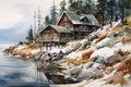Watercolor painting of wooden house on the shore of lake. Winter landscape. generative ai Royalty Free Stock Photo