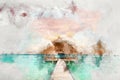 Watercolor painting of wooden jetty on Maldives Royalty Free Stock Photo