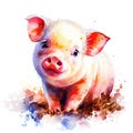 watercolor painting of a young piglet that exudes innocence and charm. The piglet has a soft pink body, with splashes. Its eyes