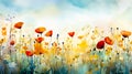 Watercolor paintings of flower bouquets, colorful pastel flowers, beautiful flowers and grass