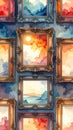 Watercolor Paintings in Ornate Frames on Blue Wall Royalty Free Stock Photo