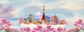 Watercolor paintings popular travel landmark architecture japan