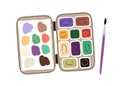 Watercolor paints box and drawing brush. Watercolour palette and paintbrush. Water colour pallette case with different