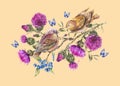 Watercolor Pair Of Birds On A Branch With Thistle, Berries, Blue Butterflies, Wild Flowers Illustration, Meadow Herbs