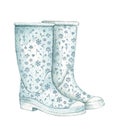 Watercolor pair of blue gumboots with floral pattern