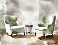 Watercolor of pair of chairs positioned for a conversation Royalty Free Stock Photo