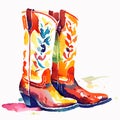 Watercolor of a pair of cowboy boots on a white background generative AI