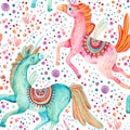 Watercolor pair of flying unicorns seamless pattern on background with bubbles and hearts