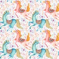 Watercolor pair of flying unicorns seamless pattern on background with bubbles and hearts