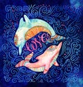 Watercolor pair of lovely dolphins. Royalty Free Stock Photo
