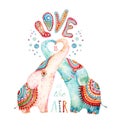 Watercolor pair of lovely elephants isolated on white background. Royalty Free Stock Photo