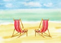 watercolor pair of sunbed on the sea coast, red and white striped deckchairs on the beach, sketch of seascape, summer Royalty Free Stock Photo