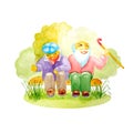 Watercolor pair of white seniors with a cane sitting on a bench in the park and laughing