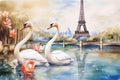 A watercolor pair of white swans swims in the river against the backdrop of the Eiffel Tower. Generative ai Royalty Free Stock Photo