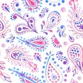 Watercolor paisley seamless pattern texture. Boho fashion style.