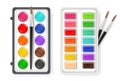 Watercolor palette drawing set with brushes isolated on white. Aquarelle different type of colors