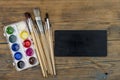 Watercolor Pallet, Brushes Set for Painting, on Wooden background, Flat Lay