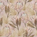 Watercolor palm leaves, protea seamless pattern. Dried flowers illustration. Tropical boho for textile, wallpaper