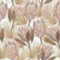Watercolor palm leaves, protea seamless pattern. Dried flowers illustration. Tropical boho for textile, wallpaper