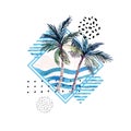 Watercolor palm tree print in geometric shape with memphis elements isolated on white background. Royalty Free Stock Photo
