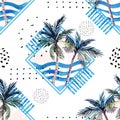 Watercolor palm tree print in geometric shape with memphis elements on white background. Royalty Free Stock Photo
