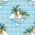 Watercolor palm tree print in geometric shape on striped background. Royalty Free Stock Photo