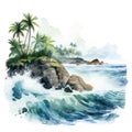 Watercolor palms on the rock beach with ocean waves on white background.